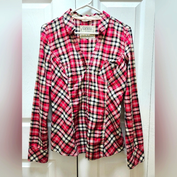 Guess LA 1981 Women's Red Plaid Western Pearl Snap Buttons Cotton Shirt Size L. - Picture 1 of 8